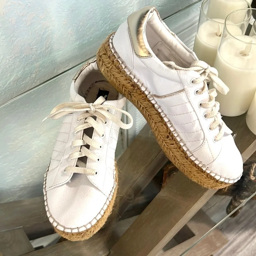 Steve Madden, PACE sneaker w/ espadrille platform, White leather w/Rose Gold